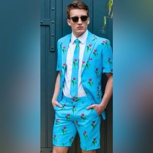 OppoSuits Bright Blue Tulip Print Short Suit with Tie